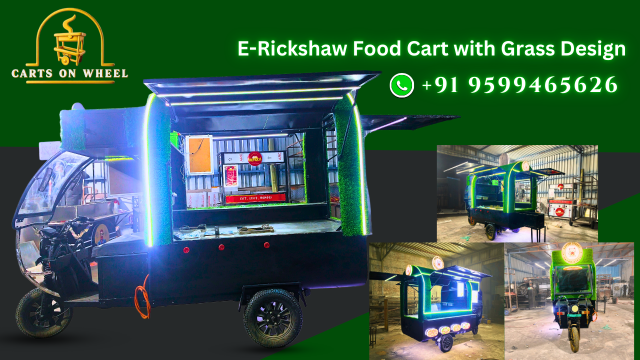 E-Rickshaw Food Cart with Grass Design | Deep Fryer, BBQ & More | Mobile Food Business