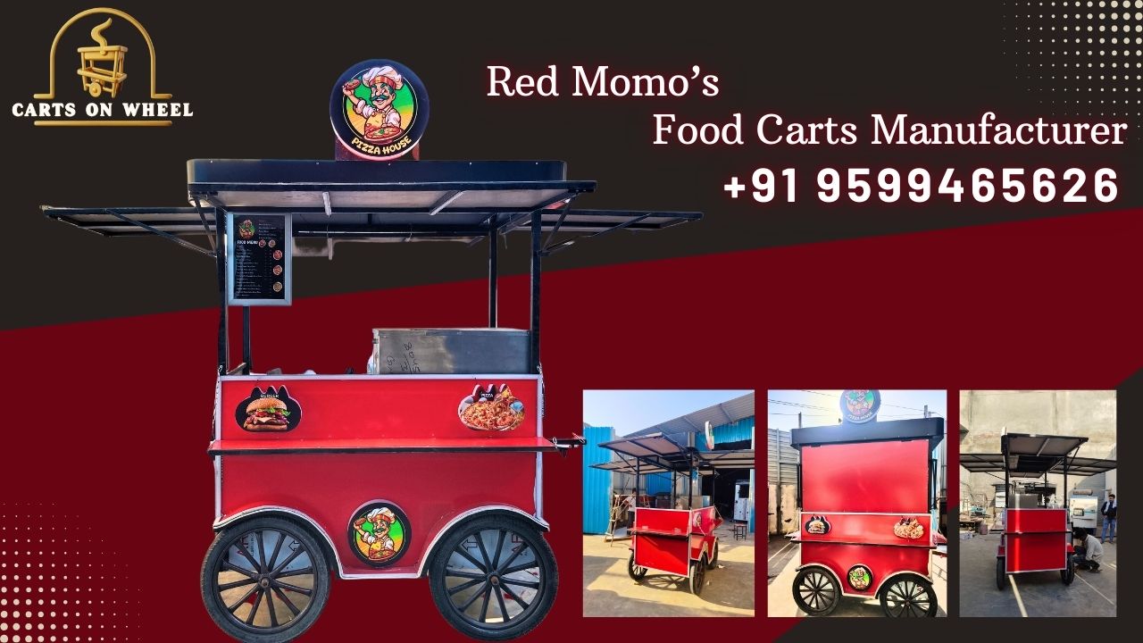 Red Momo's Fancy Food Cart Manufacturer By CartsOnWheel